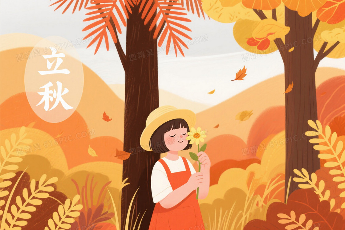 暖橙金黄秋日森林插画背景