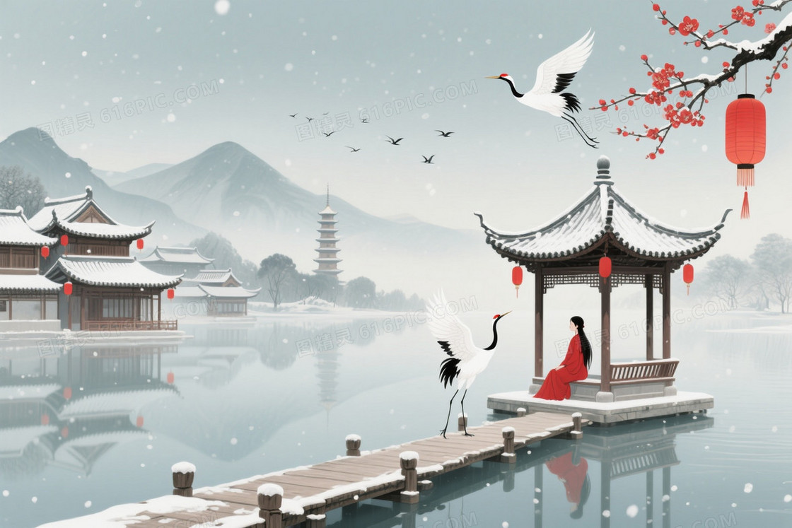 青灰水墨飞檐红梅背景