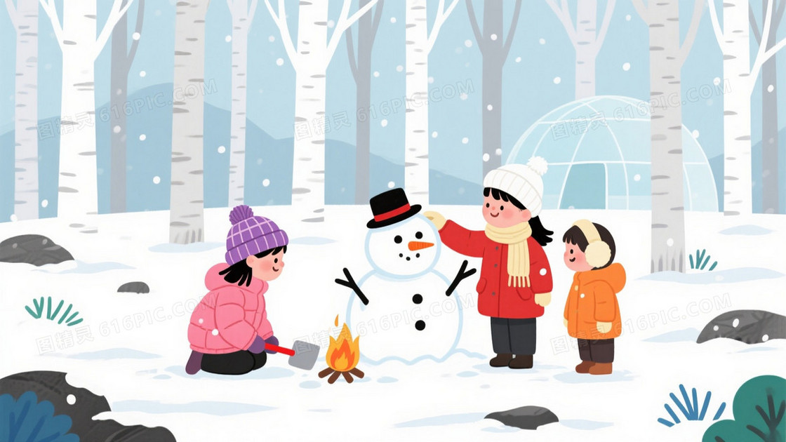 浅蓝灰白手绘雪林儿童堆雪人背景
