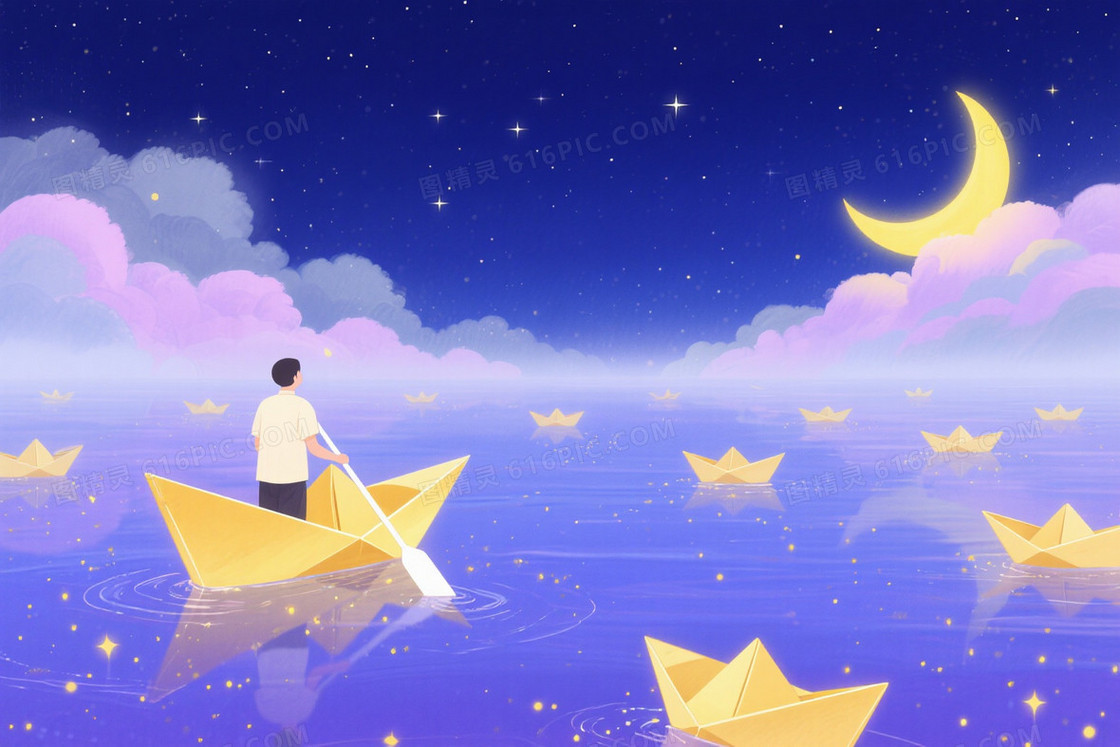 深蓝星空粉紫云层新月背景