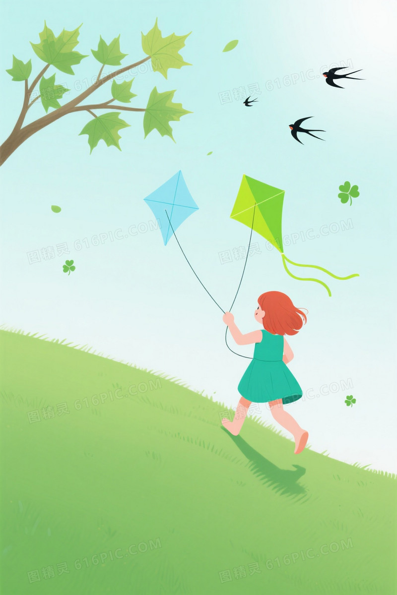 柔绿渐变枫叶女孩风筝背景