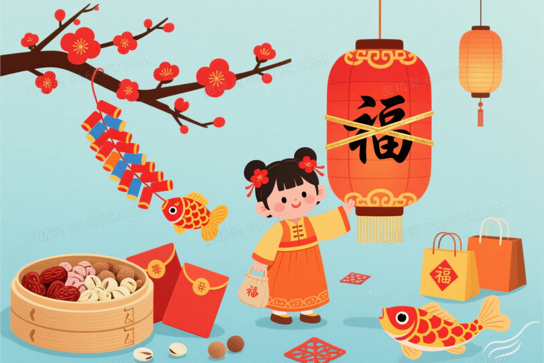 暖调红金春节插画背景