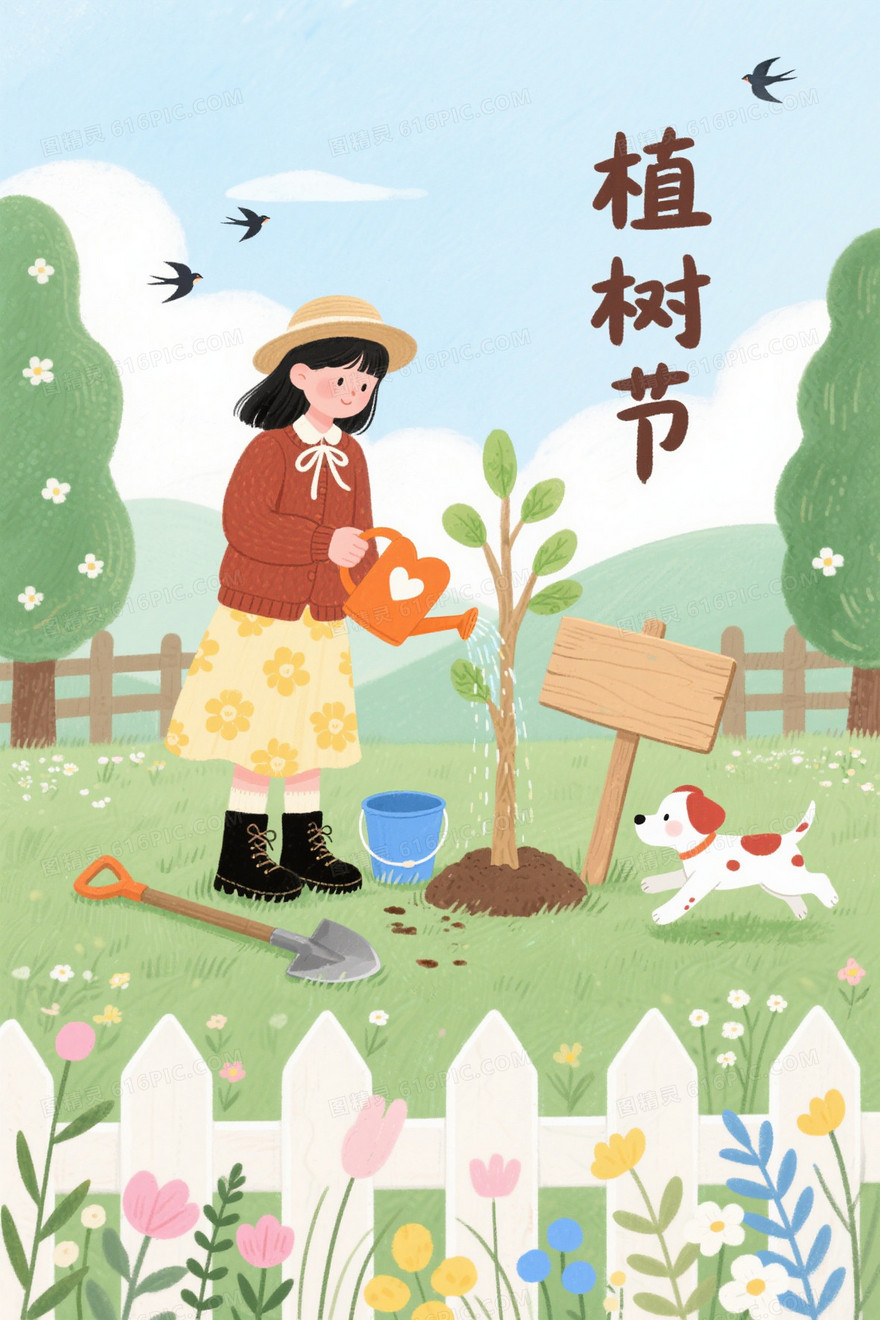 粉绿手绘水彩植树女孩背景