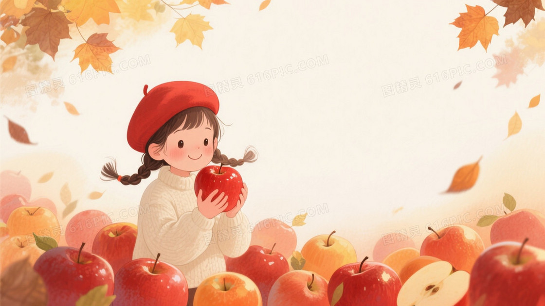 暖调秋叶苹果女孩背景