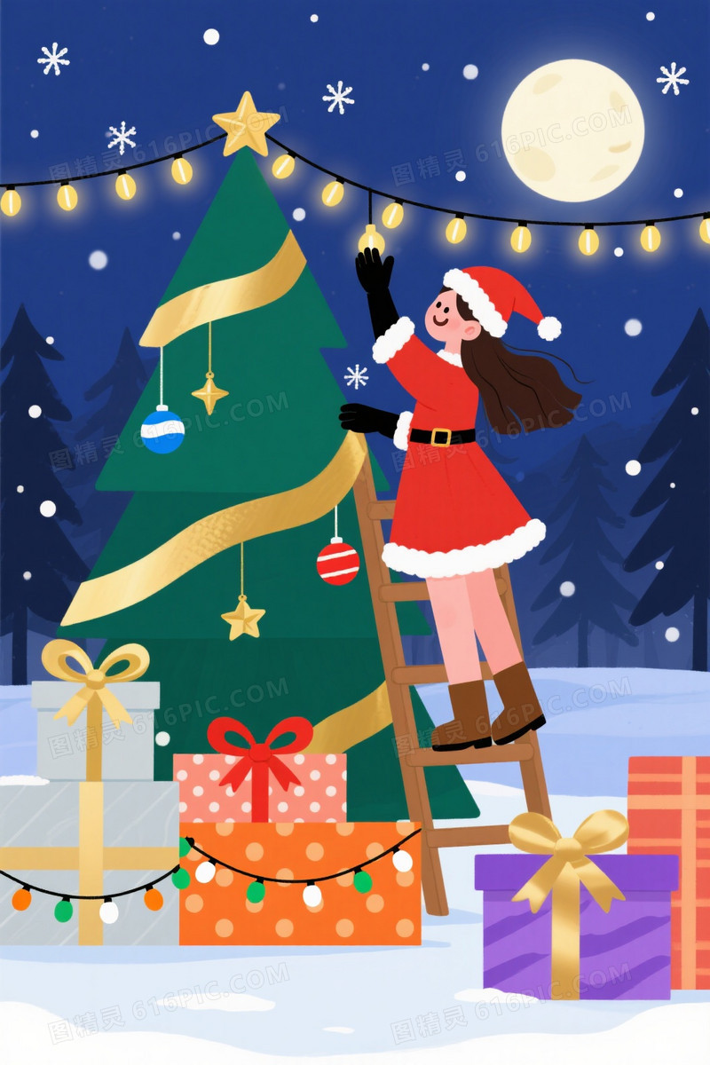 暖调扁平手绘圣诞雪夜背景