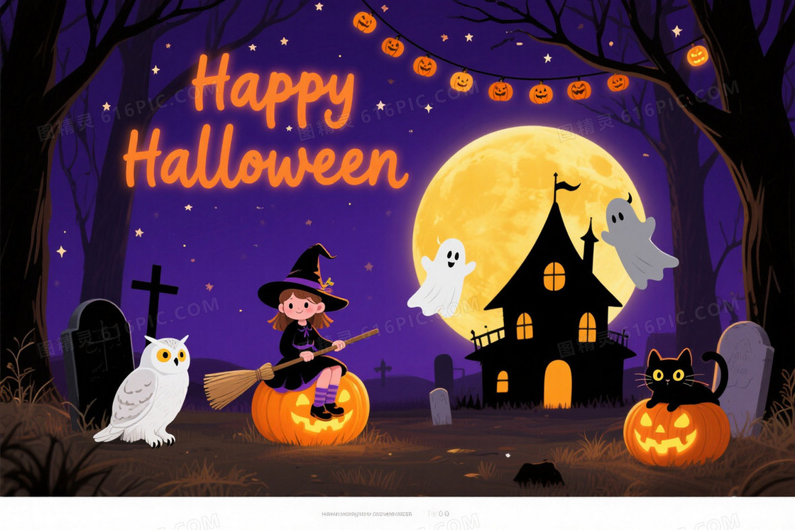 深紫夜空南瓜灯满月背景