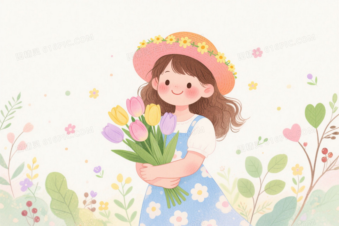 浅米白水彩手绘女孩花束背景
