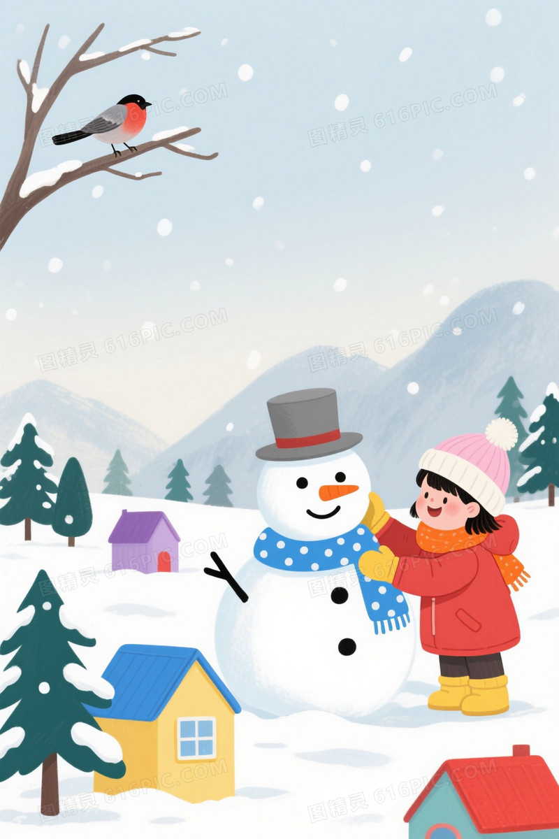 浅蓝灰雪景插画童趣背景