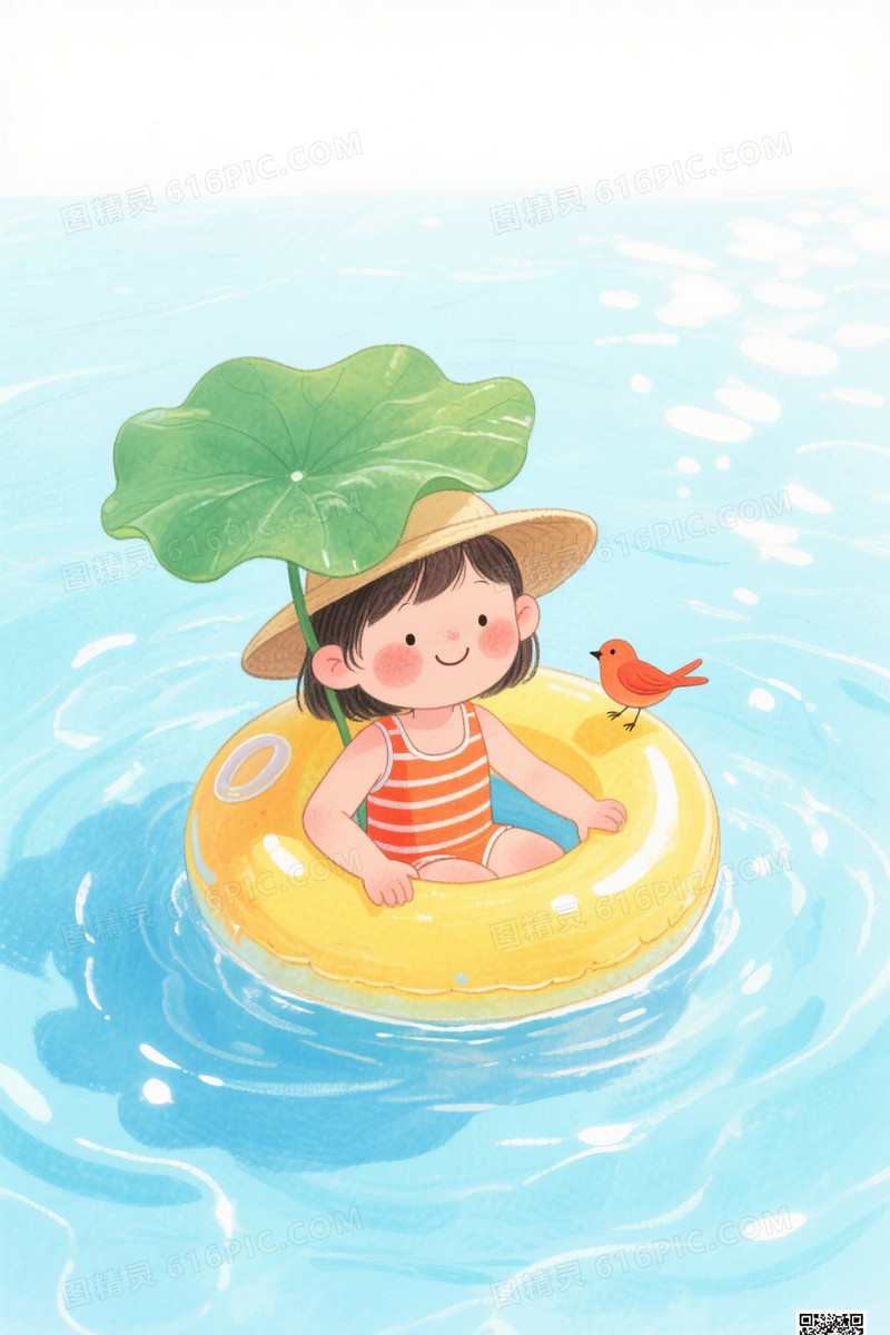 浅蓝水彩童趣女孩游泳背景
