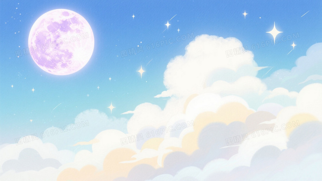淡蓝浅青柔光夜空云月背景