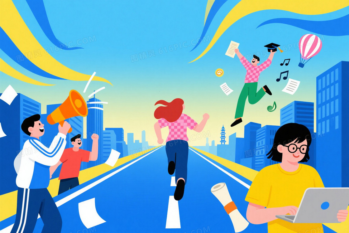 蓝黄渐变插画动感人物背景