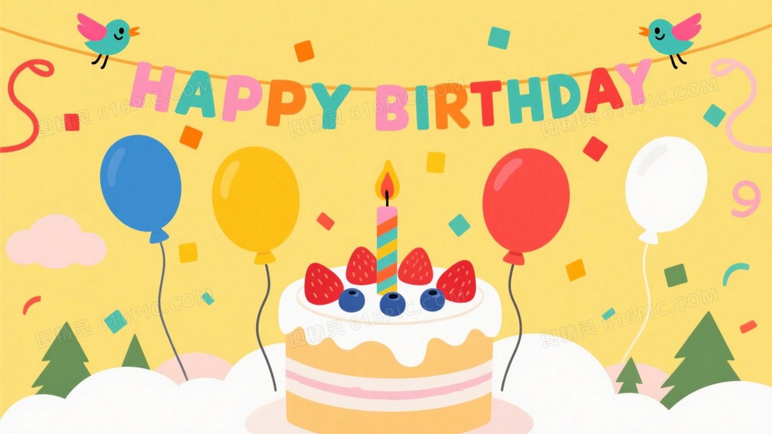 明黄扁平插画生日蛋糕背景