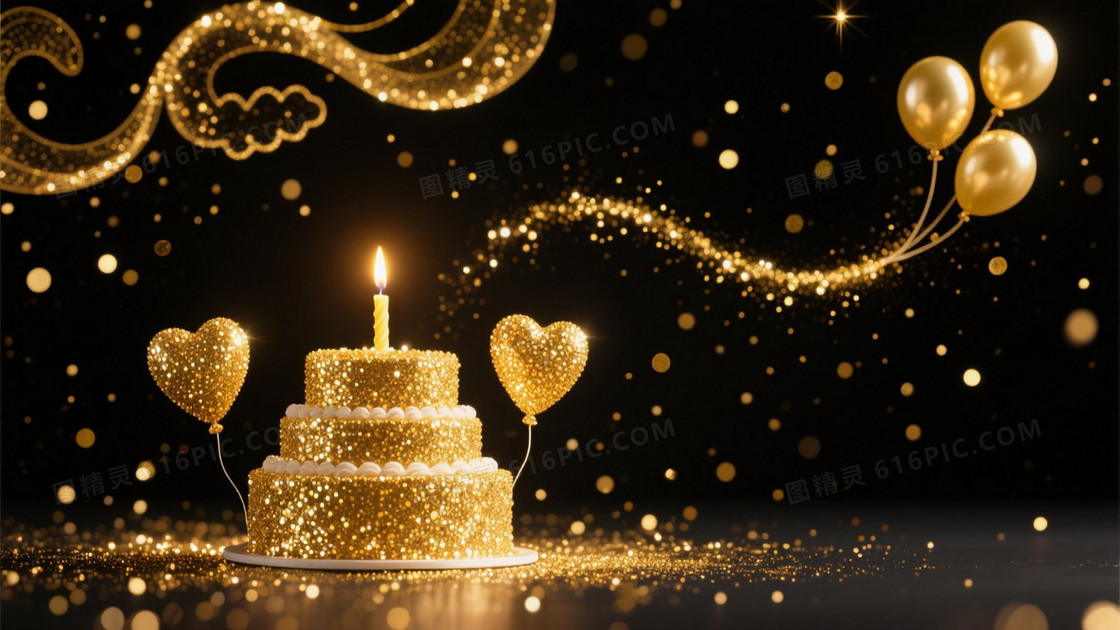黑底金光粒子梦幻蛋糕背景