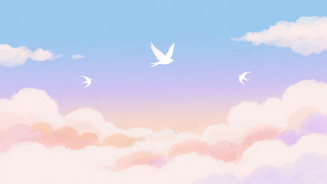 淡蓝浅紫柔光飞鸟云层背景