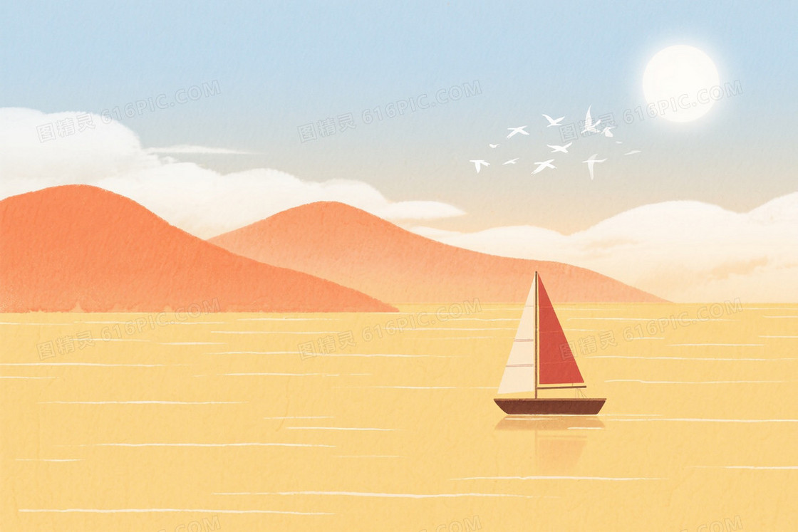 暖调黄昏海景插画背景