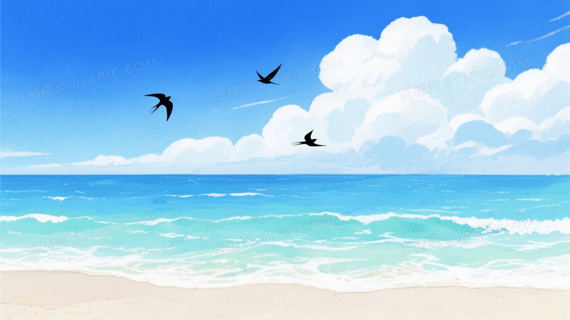 浅蓝青绿数字水彩海景背景