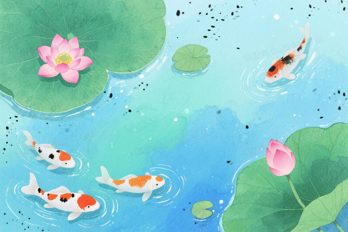 蓝绿渐变水彩荷塘锦鲤背景
