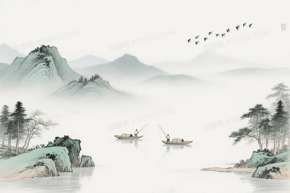 青灰水墨山水雾霭背景