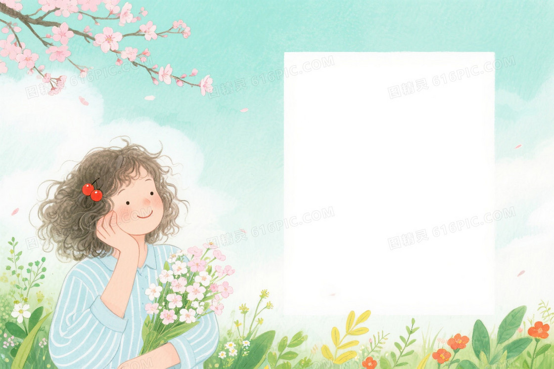 青绿渐变水彩樱花少女背景