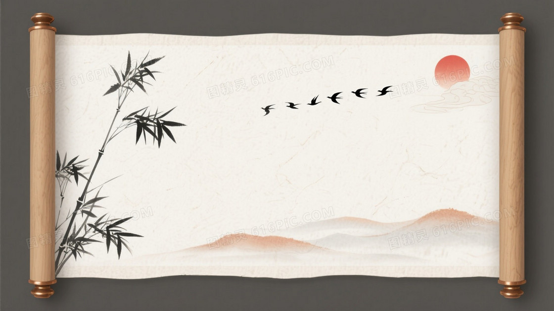 米白宣纸墨竹飞鸟背景
