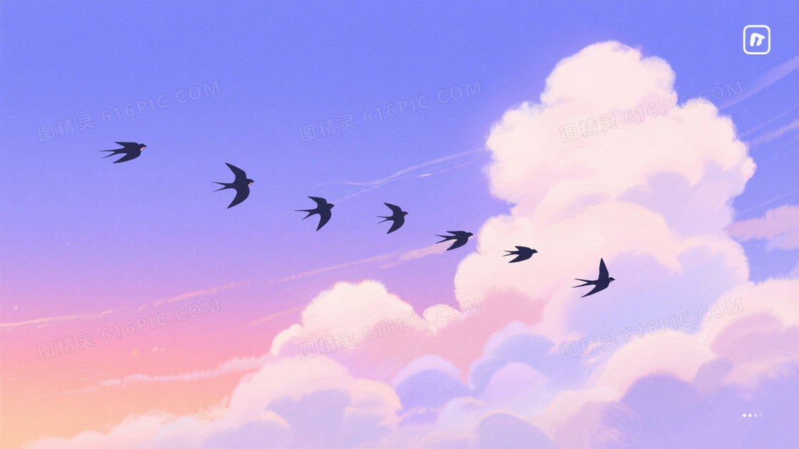 蓝紫粉橙柔光云鸟背景