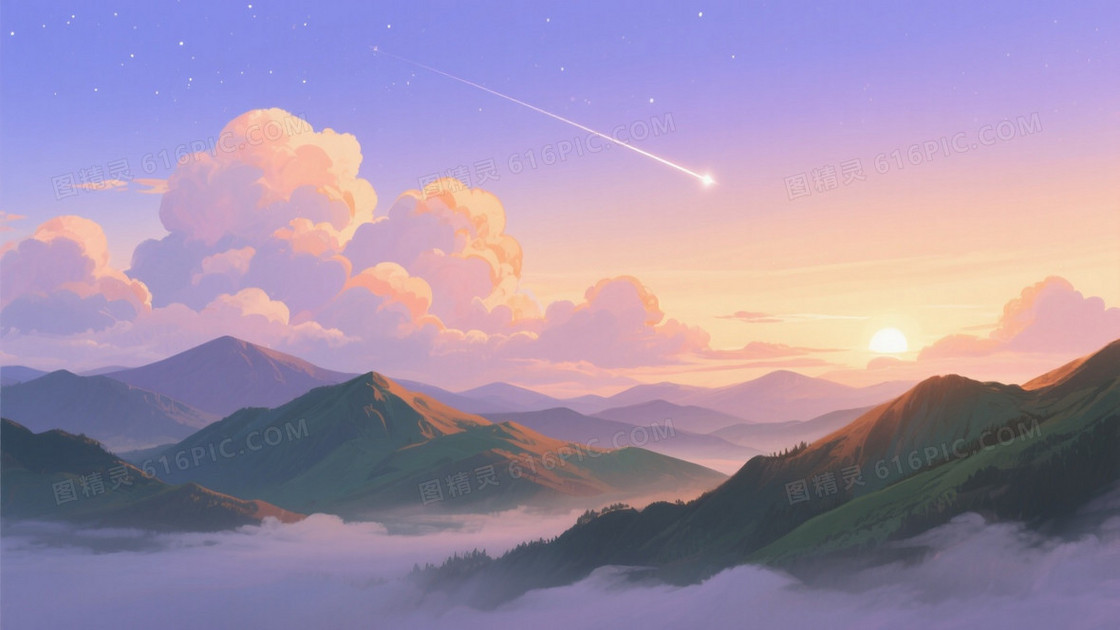 蓝紫渐变流星山景云雾背景