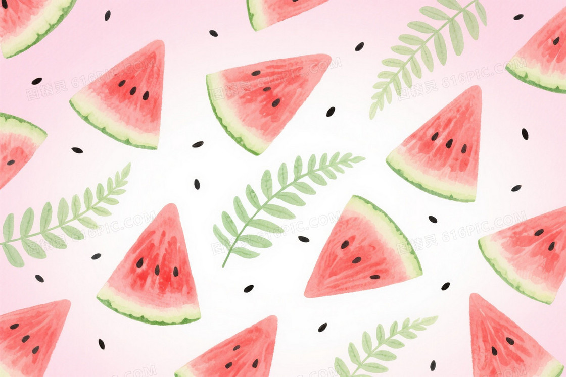 浅粉纯白渐变西瓜蕨叶背景