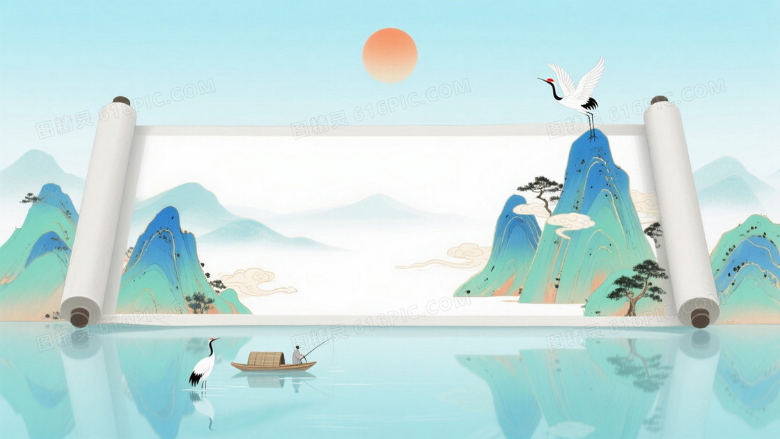 淡青水墨卷轴山水背景