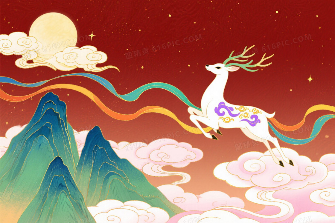 深红渐变金星祥云白鹿背景