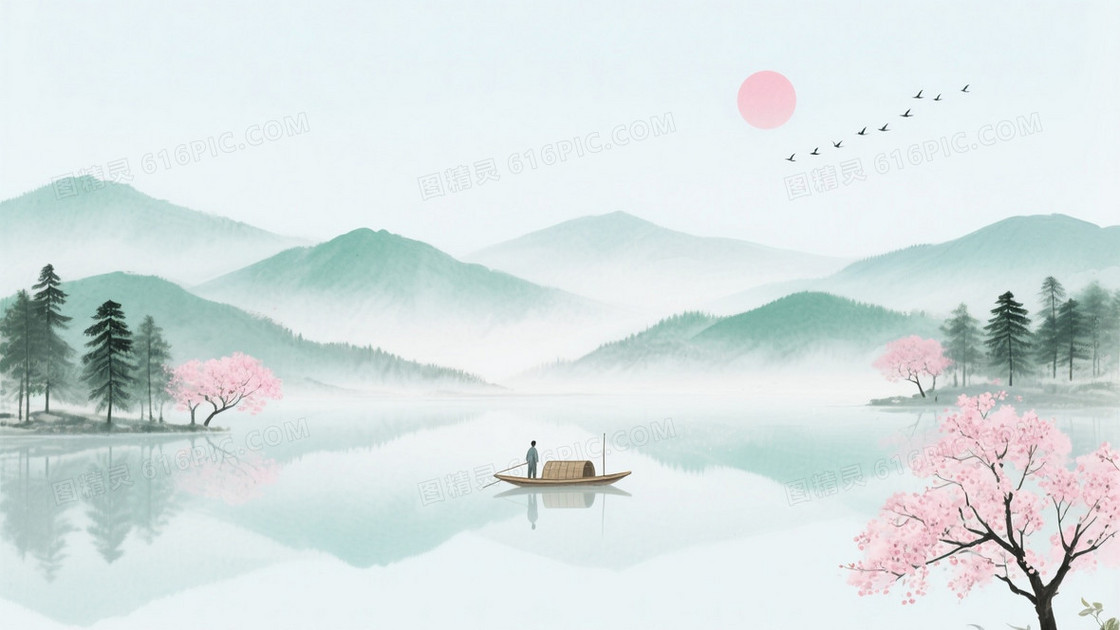 薄荷绿浅青柔粉水墨山水背景