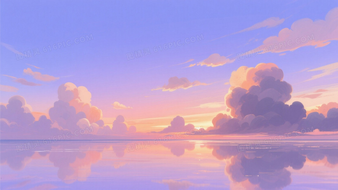 蓝紫渐变黄昏海景插画背景