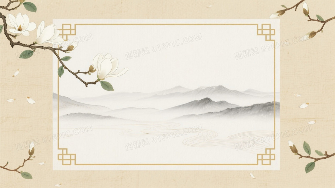 米黄水墨玉兰远山背景