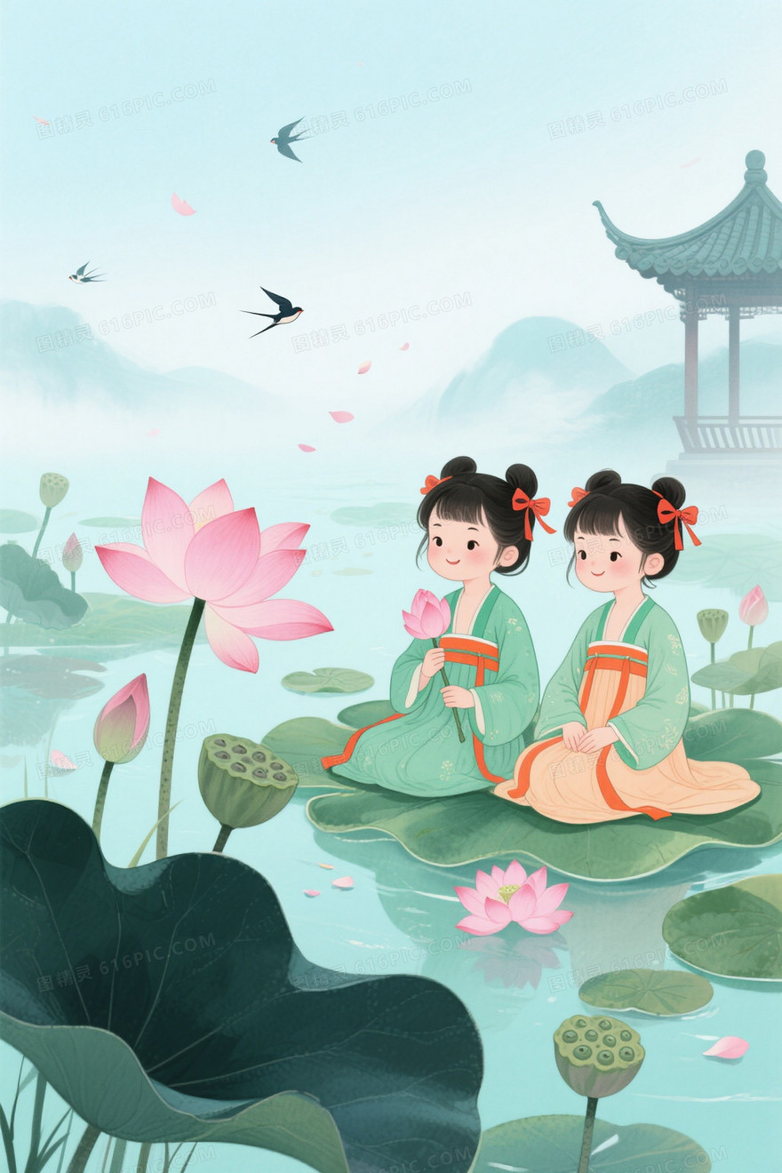 浅蓝薄荷绿水彩荷塘古风背景