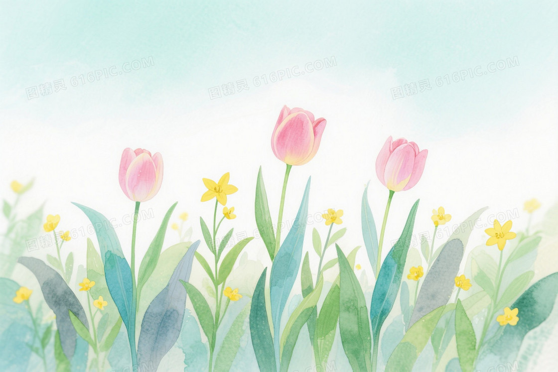 浅青绿渐变水彩春日花丛背景