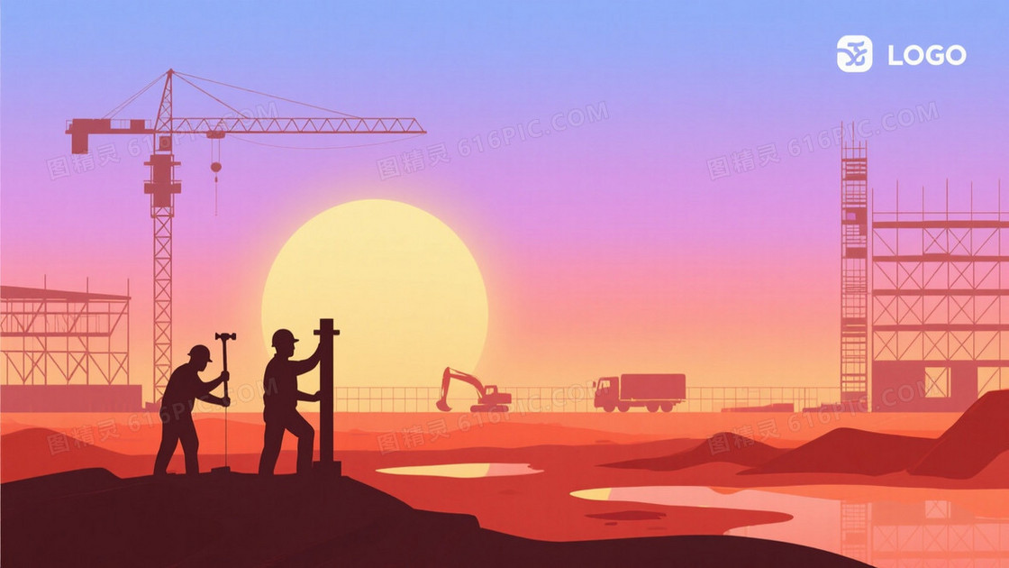 暖调渐变金月施工剪影背景