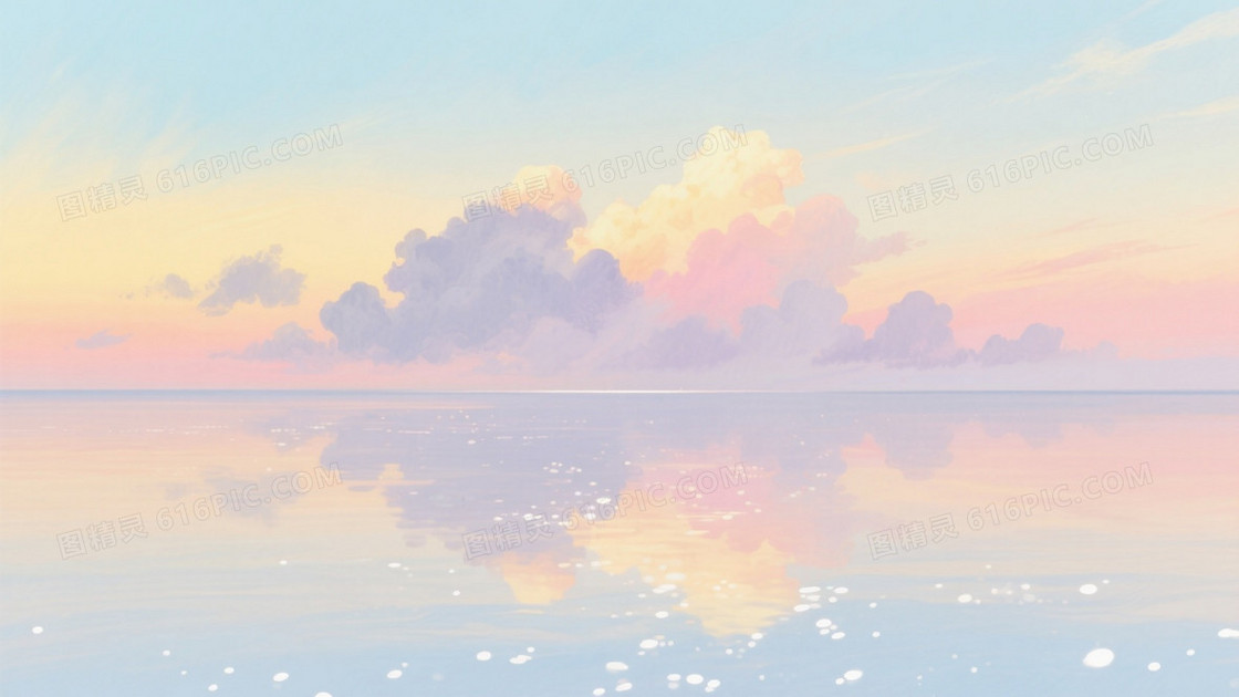 淡青蓝暖黄粉橙水彩海天背景