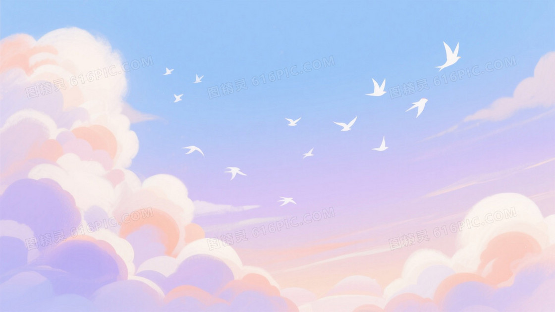 淡蓝浅紫柔光云鸟背景