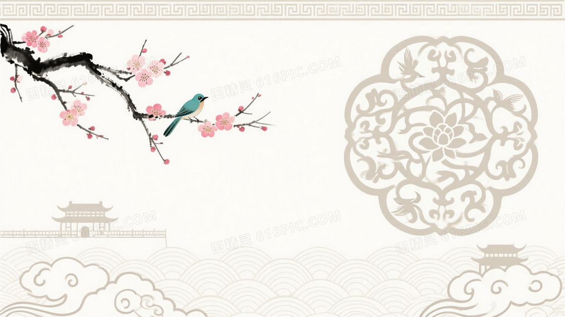 米白海浪回纹梅花云纹背景