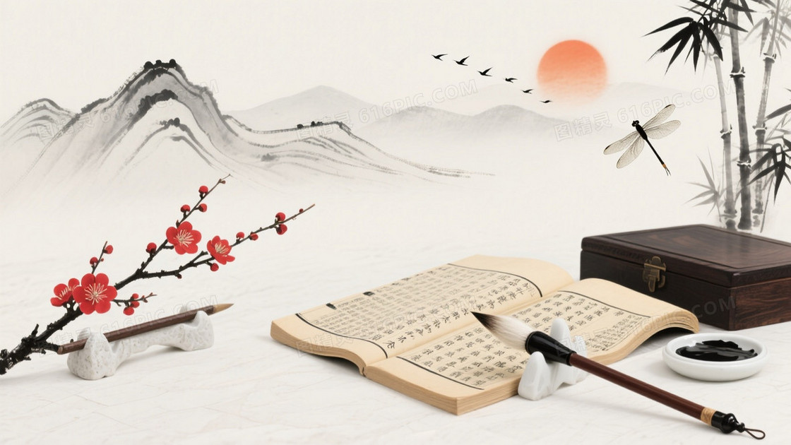 水墨国风红梅竹影背景