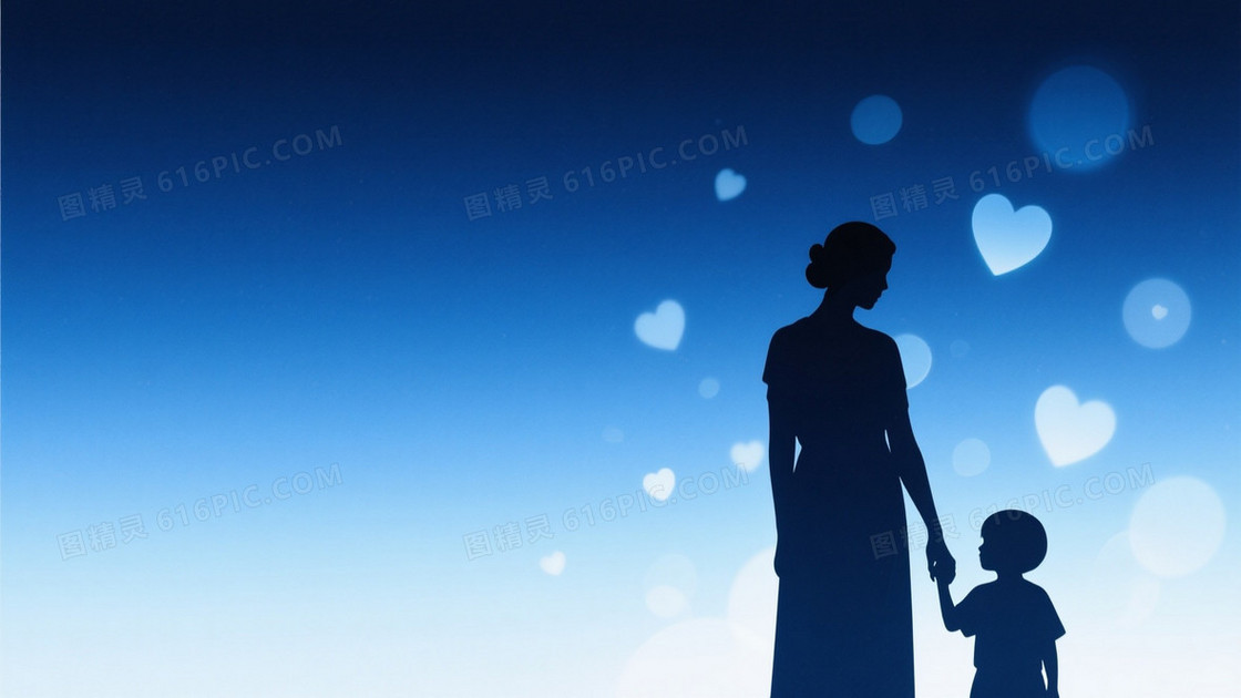 深邃蓝调母子牵手剪影背景