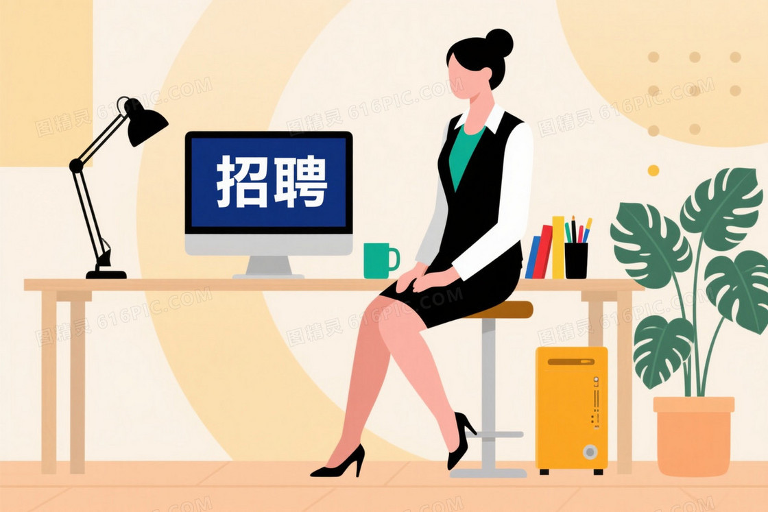 暖米色扁平插画办公场景背景