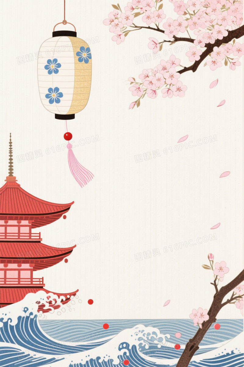 米白浮世绘纸纹樱花宝塔背景