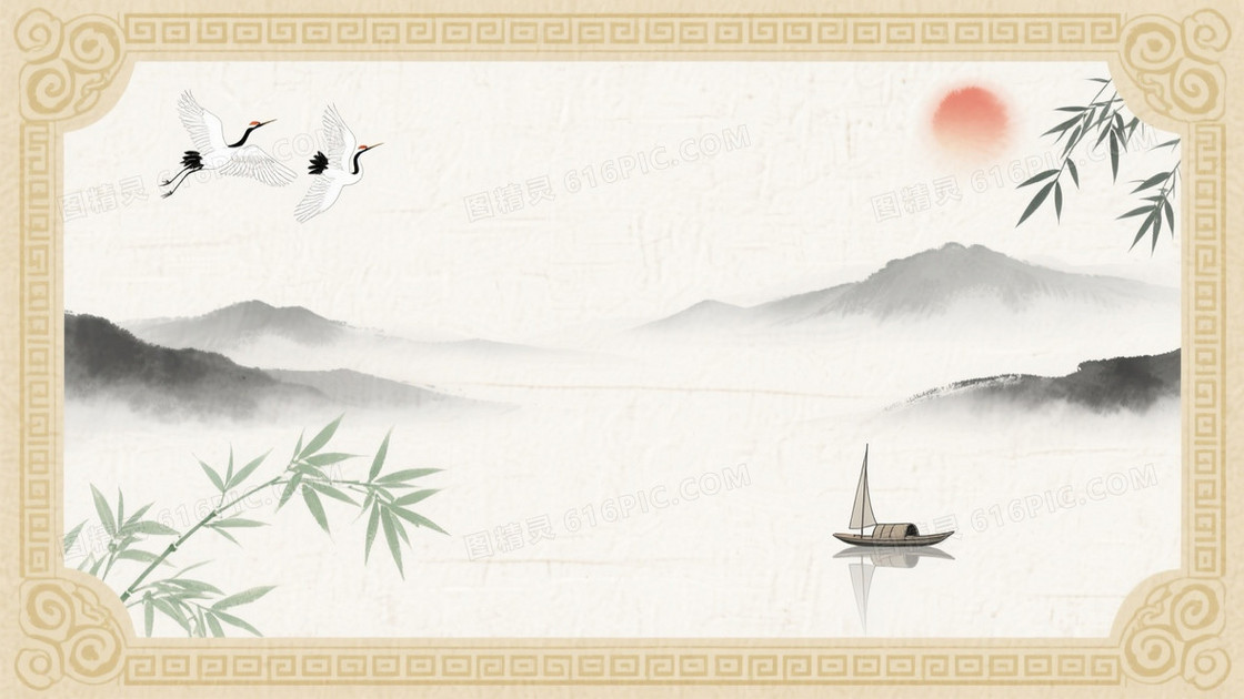 米白水墨山水云纹背景