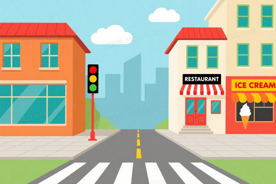 浅青天空云朵几何城市背景