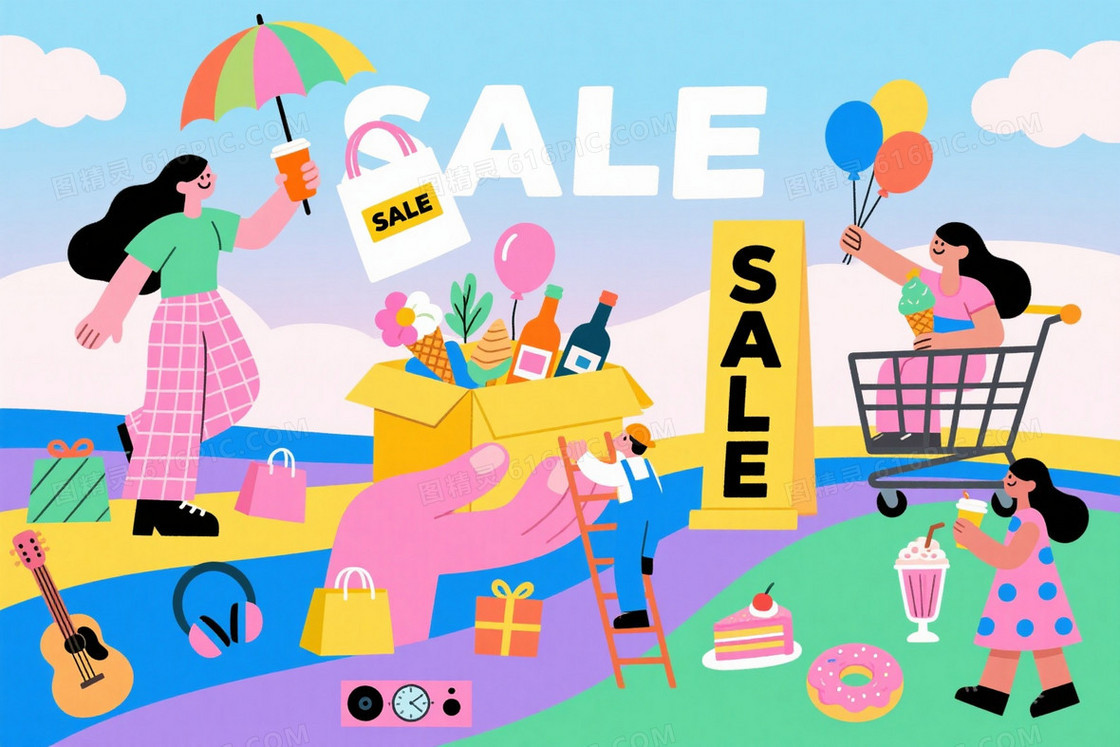 马卡龙色扁平插画购物狂欢背景
