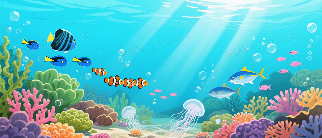 蓝绿清新珊瑚鱼群背景