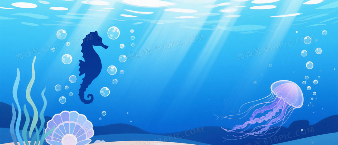 青蓝梦幻水下海马水母背景