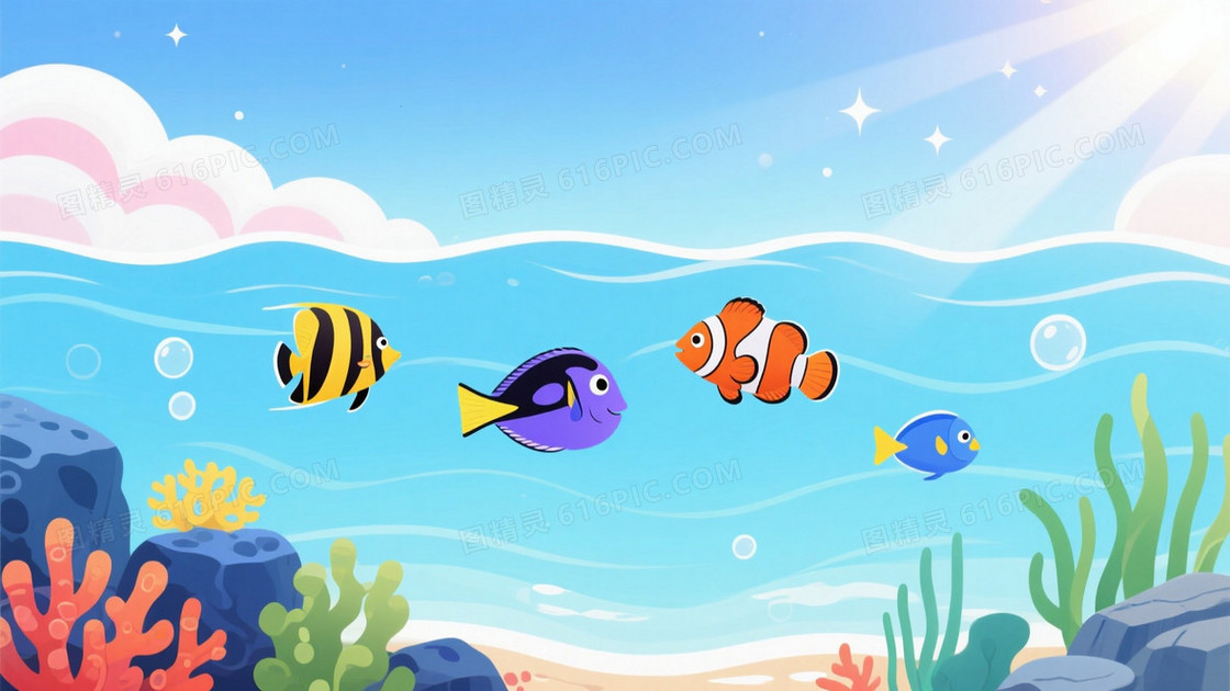 蓝白渐变卡通海洋场景背景