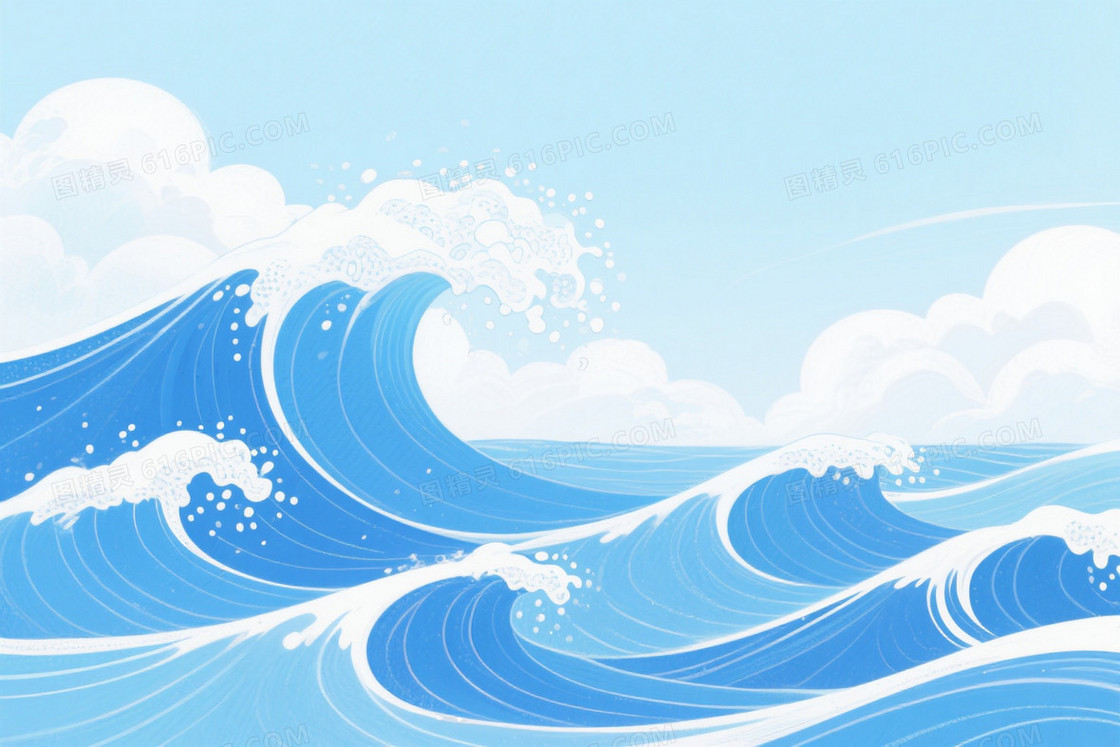 蓝白渐变手绘海浪背景
