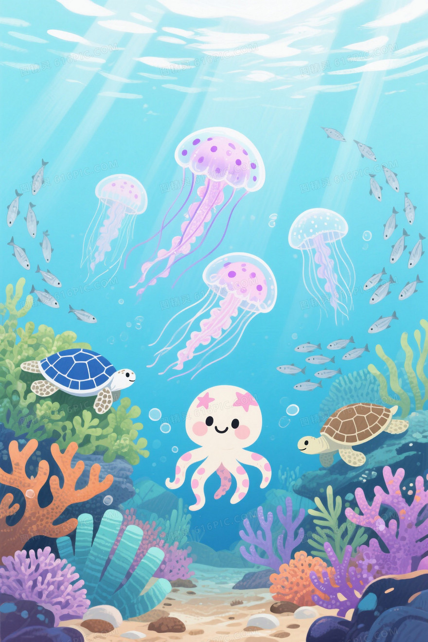 天蓝浅青水彩海底插画背景